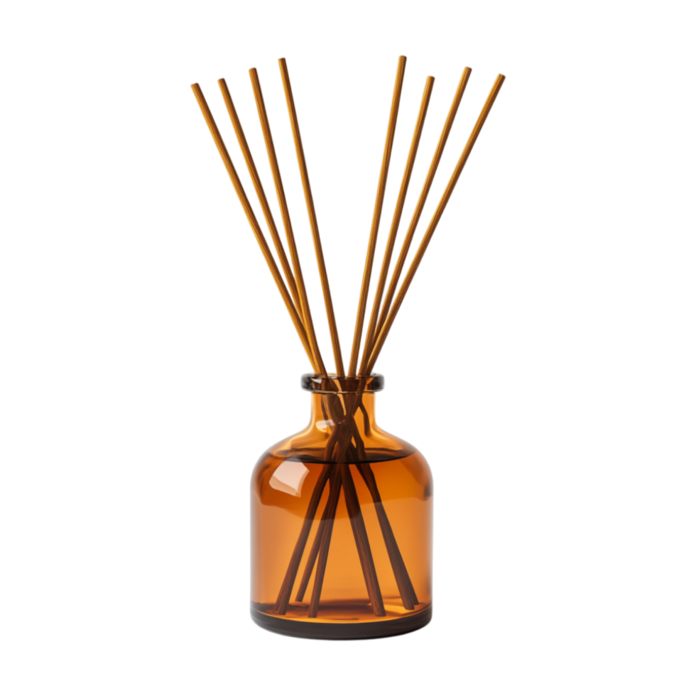 brown reed diffuser in glass bottle on transparent background png