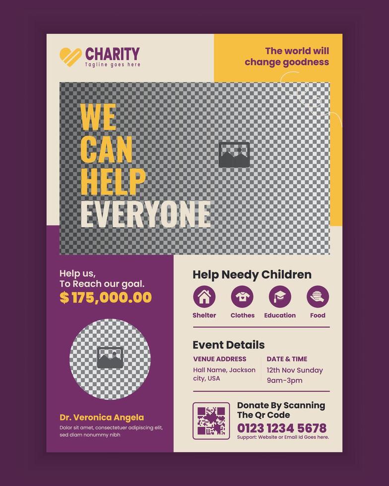 Modern Charity Activities and Donation Event A4 Size Flyer Design Template for Fundraiser Poster, leaflet, and handbill Design vector