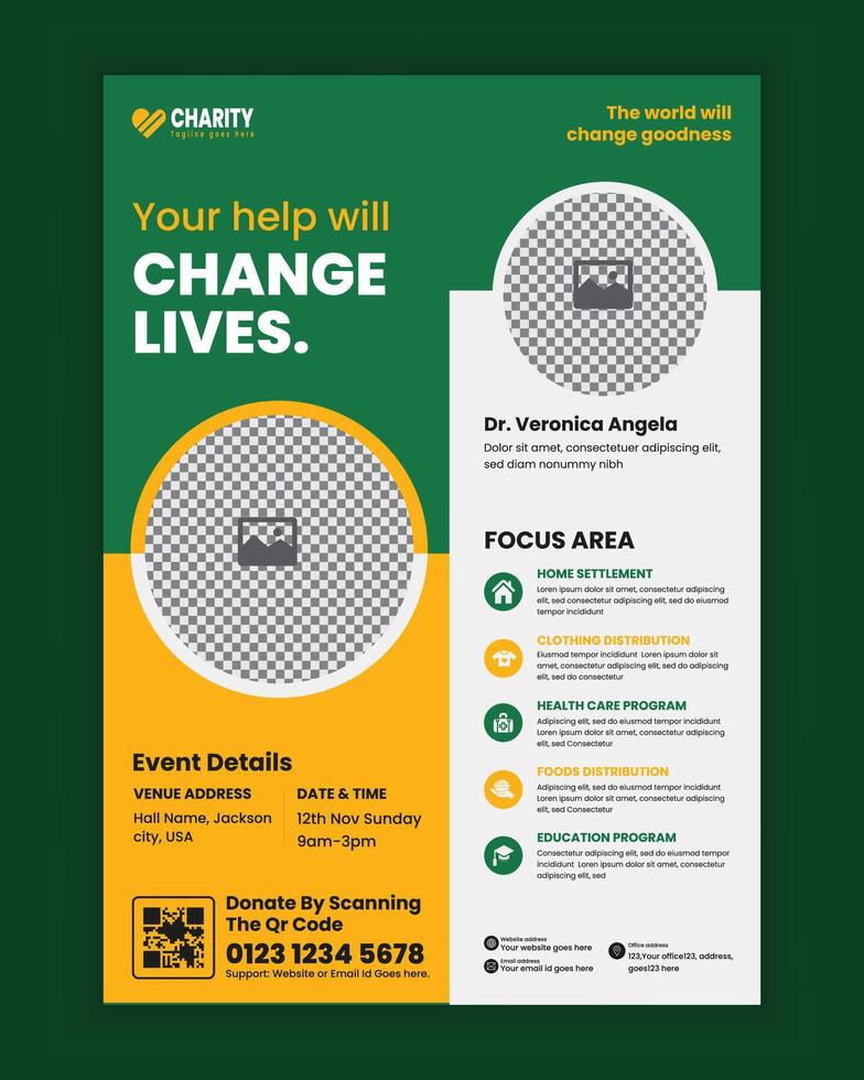 Charity Activities and Donation Event A4 Size Flyer Design Template or Fundraiser Poster, leaflet, and handbill Design vector
