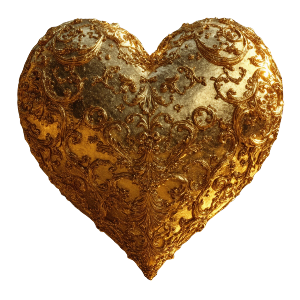 Golden heart shape with intricate patterns and a glossy finish. png