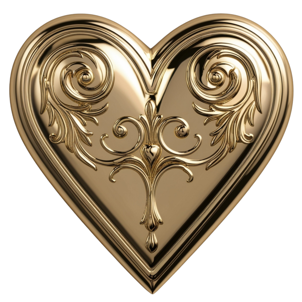 Heart shape with intricate floral patterns carved into its golden surface. png