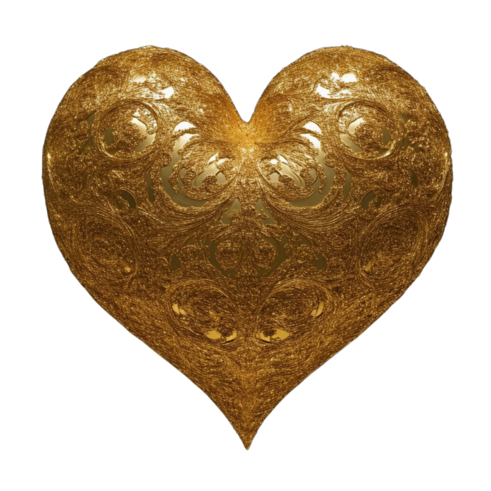 A golden heart shape with intricate patterns and a glossy finish. png