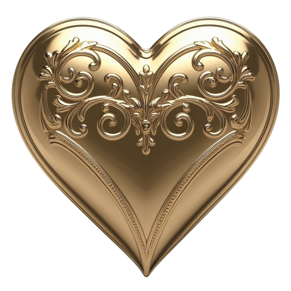 A heart shape with intricate floral patterns carved into its golden surface. png