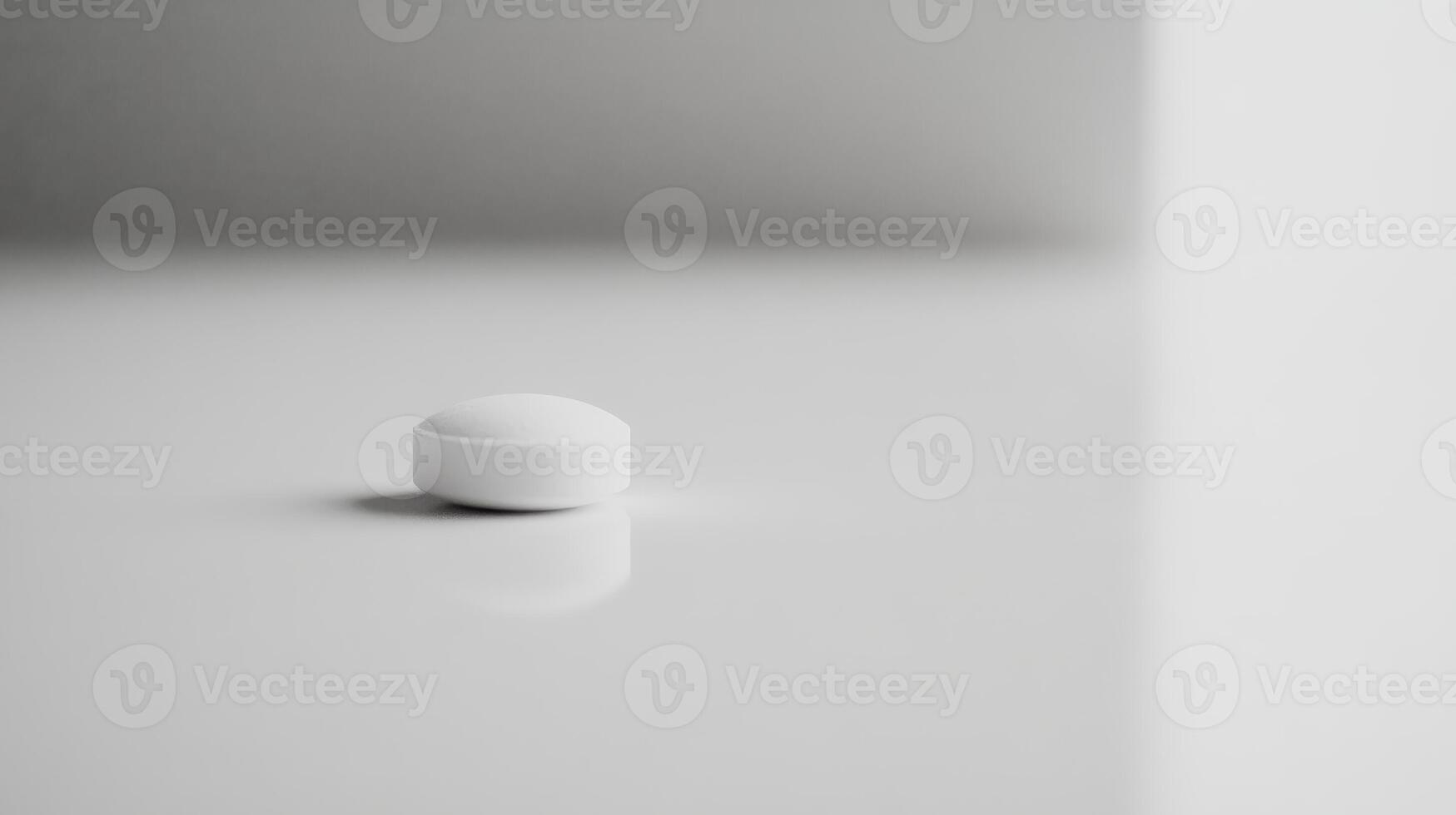 White round tablet resting on a reflective surface in a minimalistic setting with soft lighting and muted colors photo