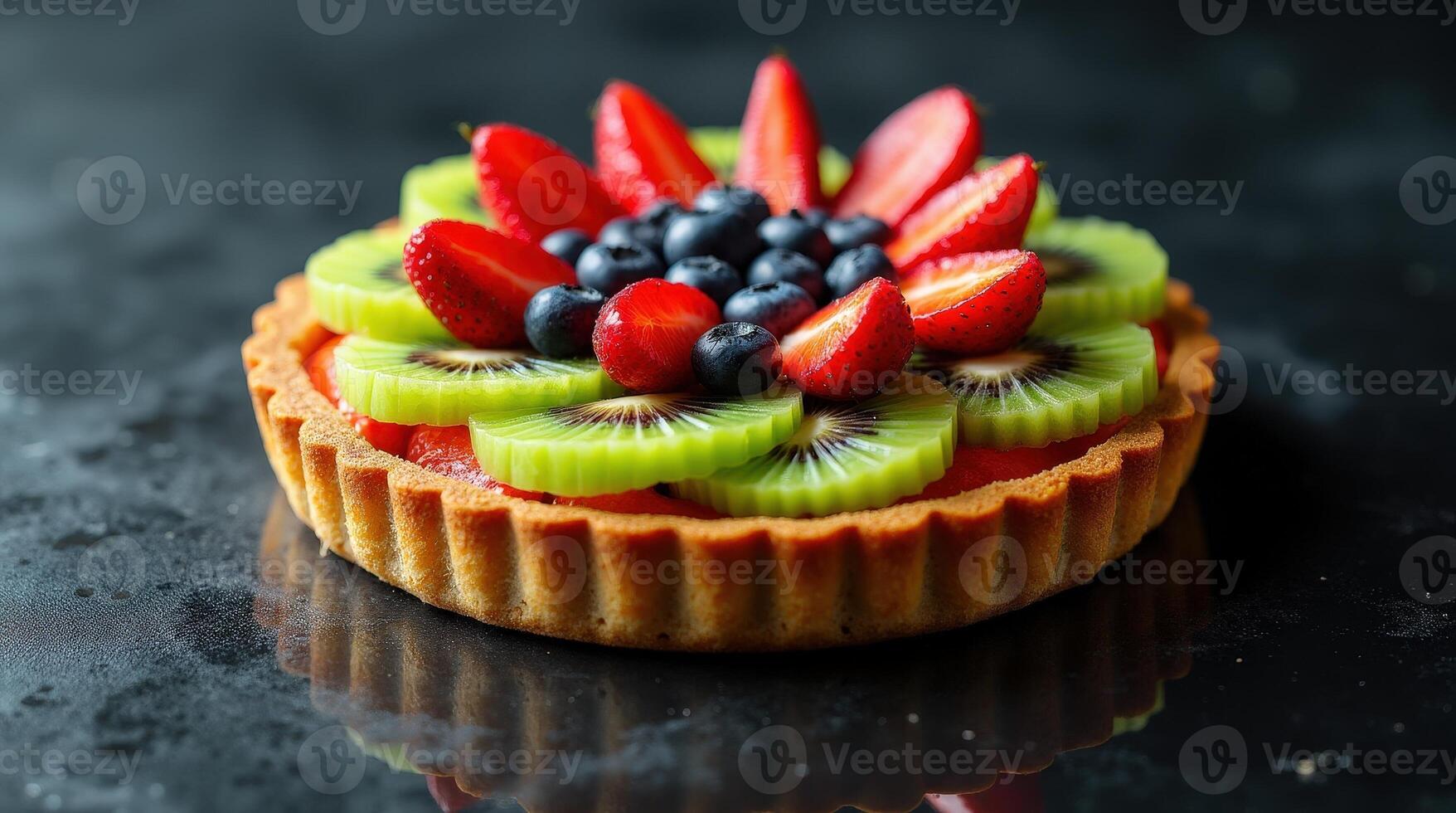 Vibrant fruit tart with golden crust and fresh kiwi slices on display photo