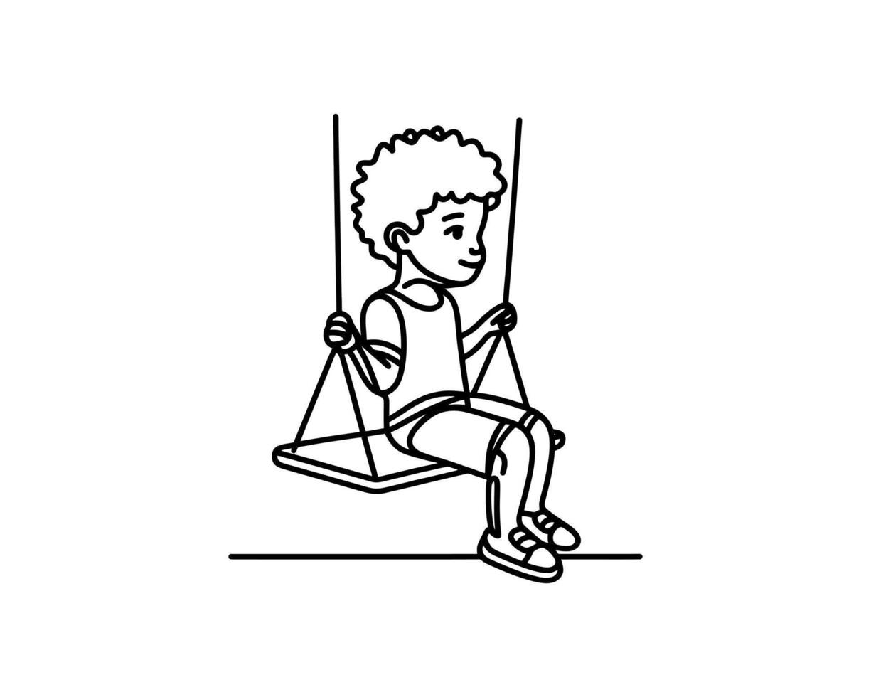 A boy is swinging on a swing in a line drawing vector