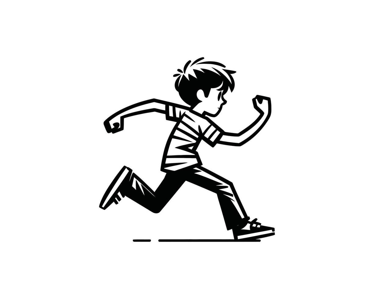 A black and white drawing of a boy running vector