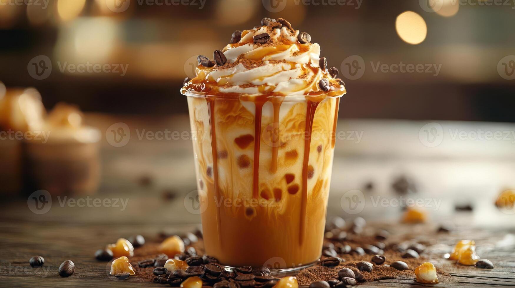 Iced coffee with caramel and whipped cream photo