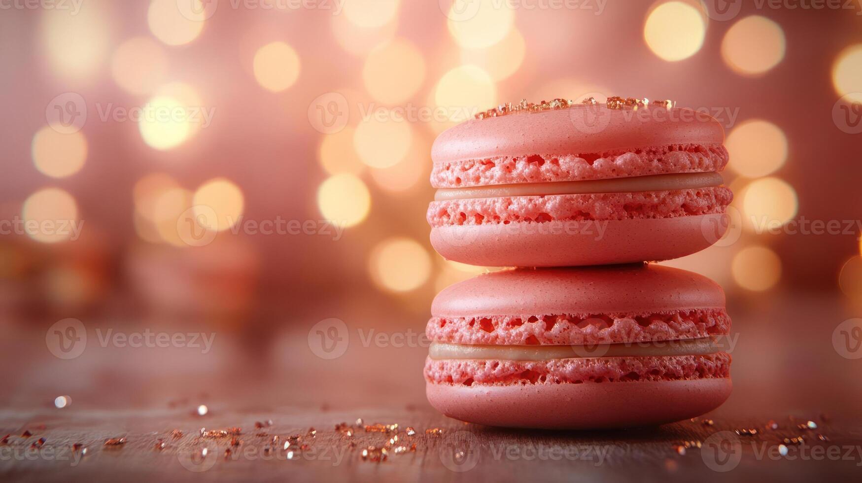 A close-up photograph of two pink macarons with gold sprinkles on top, placed on a light-colored surface. photo