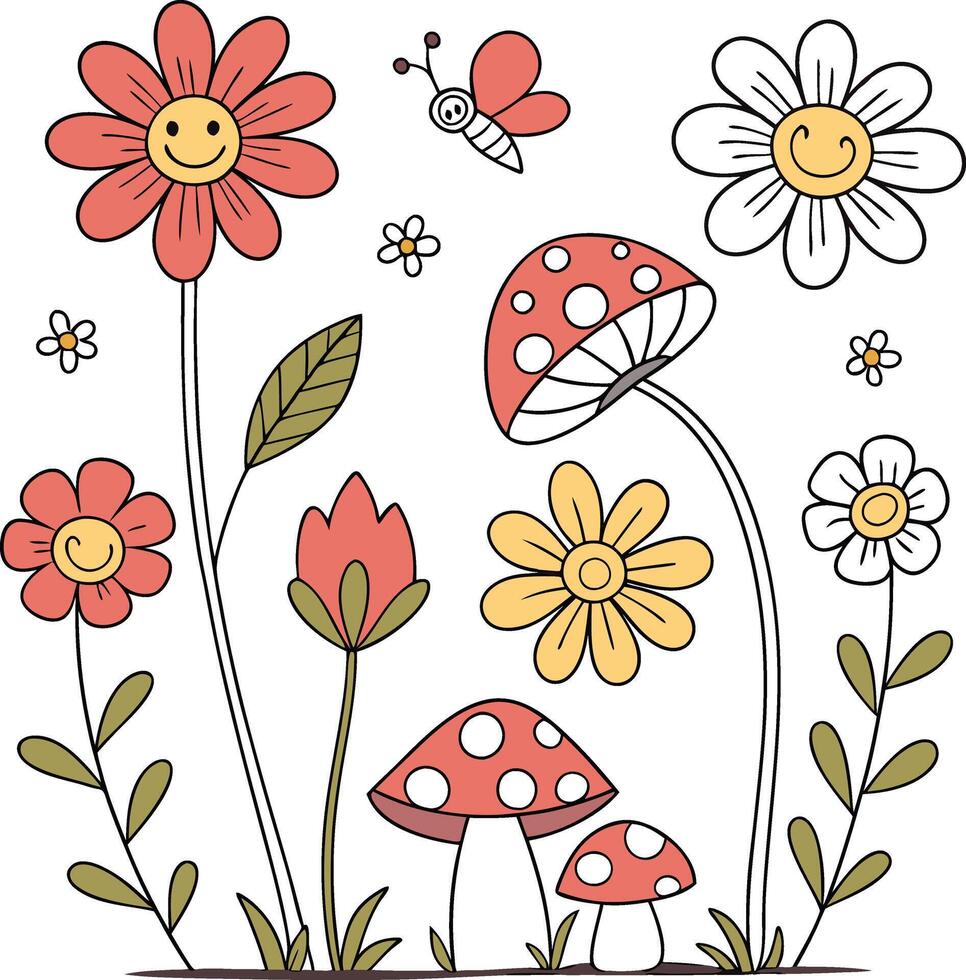 Whimsical Garden Illustration with Smiling Flowers, Mushrooms, and Butterfly vector