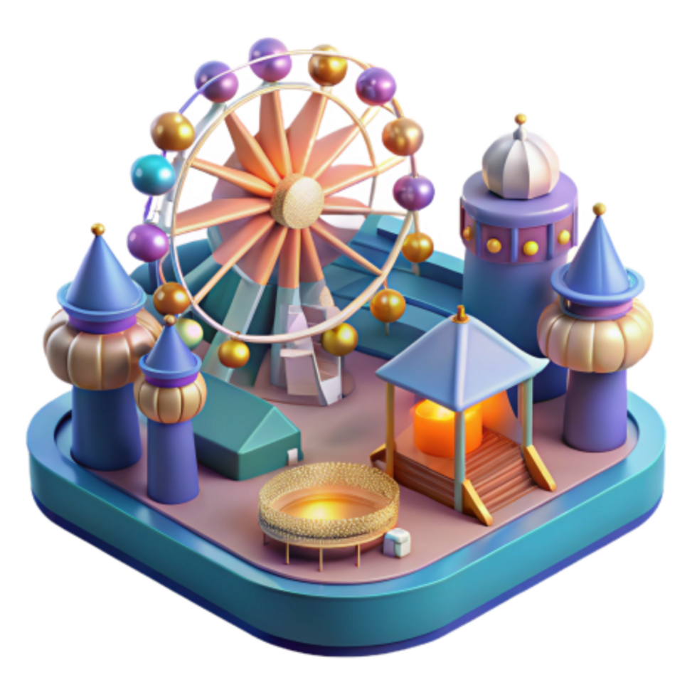 vibrant minimalist Enchanted Fairground Ferris Wheel, Towers, and Festive Lights high resolution png