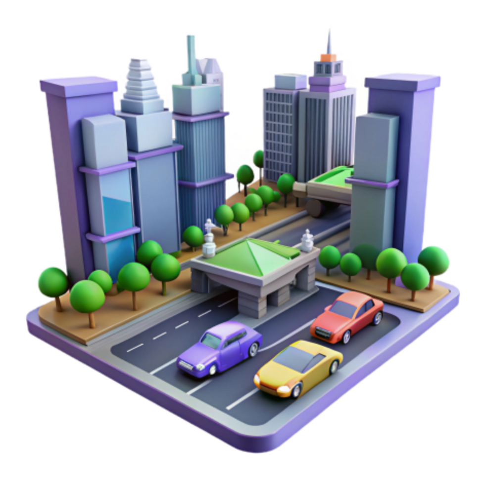 serene creative Cityscape Model Urban Infrastructure, Vehicles, and Landscaping high resolution png
