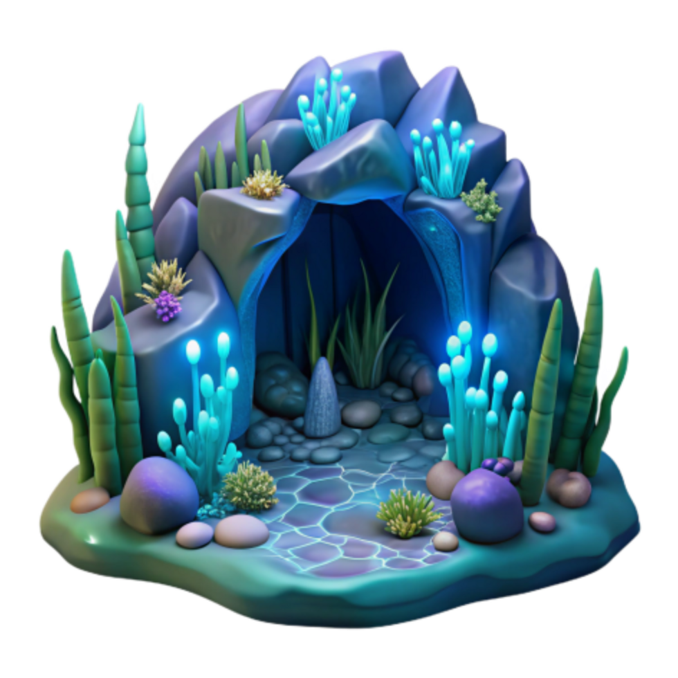 dramatic minimalist Enchanted Grotto 3D Render of Bioluminescent Cave exclusive png