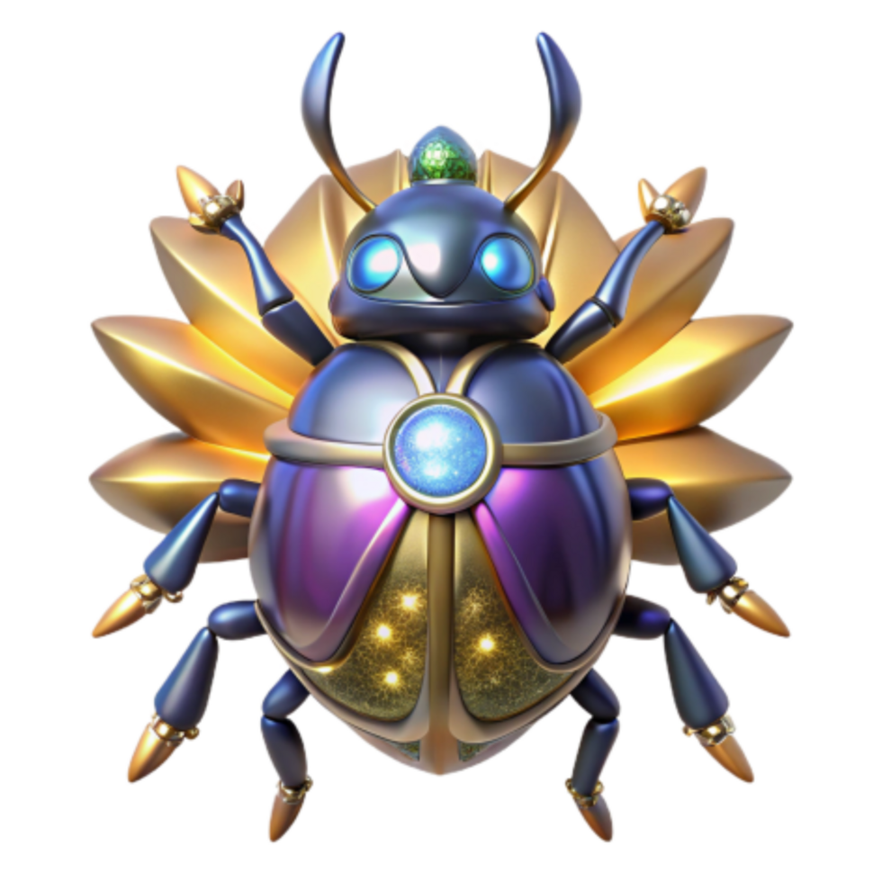 magnificent artistic Golden Beetle Robot 3D Render of a Jewel-Encrusted Insect professional png