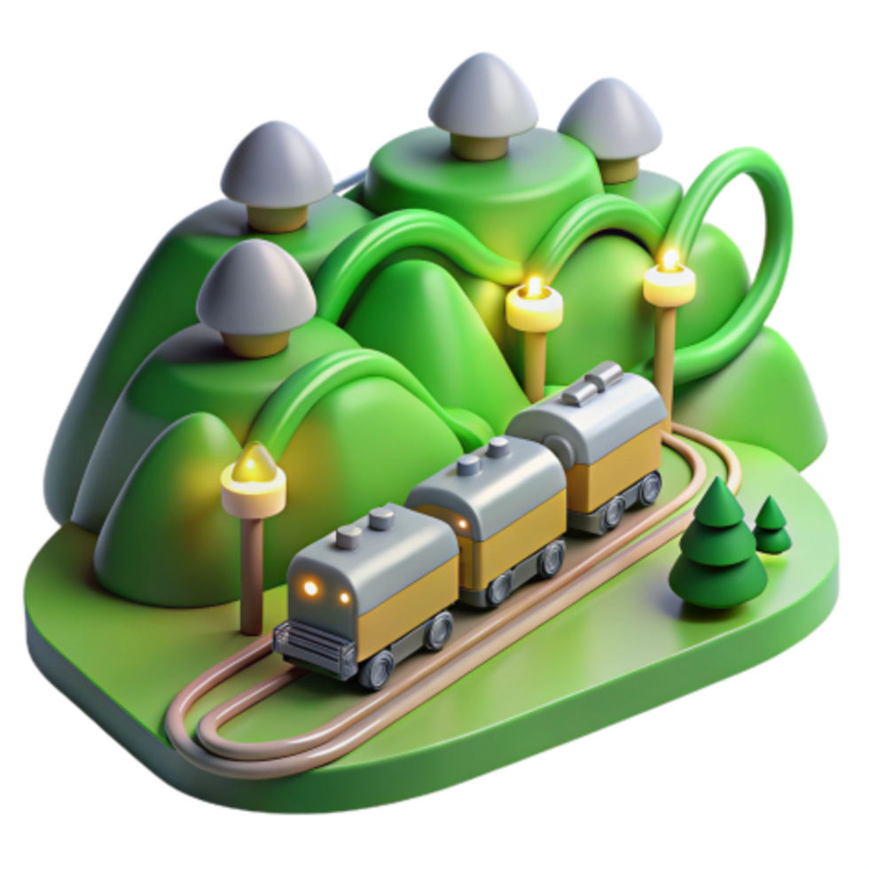 magnificent minimalist 3D Render Toy Train Journey Through Green Hills premium png