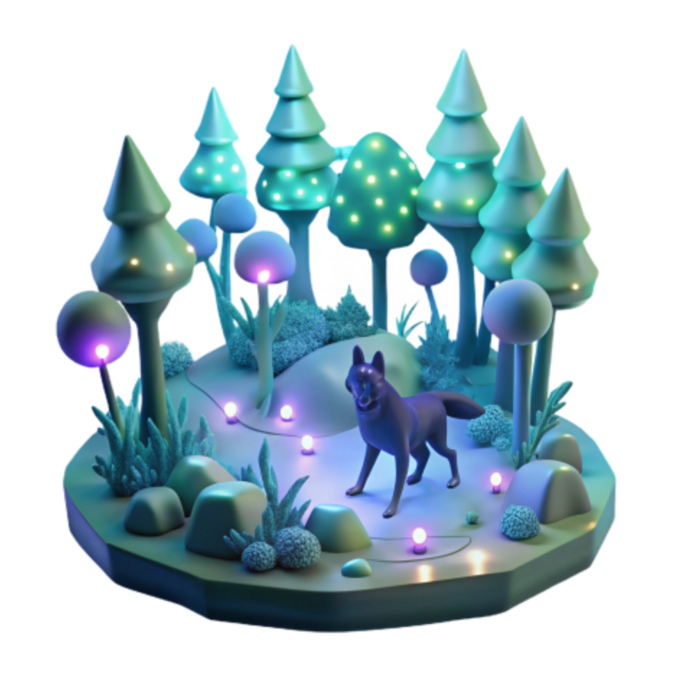 elegant abstract Enchanted Forest 3D Render of Wolf and Glowing Trees high quality png