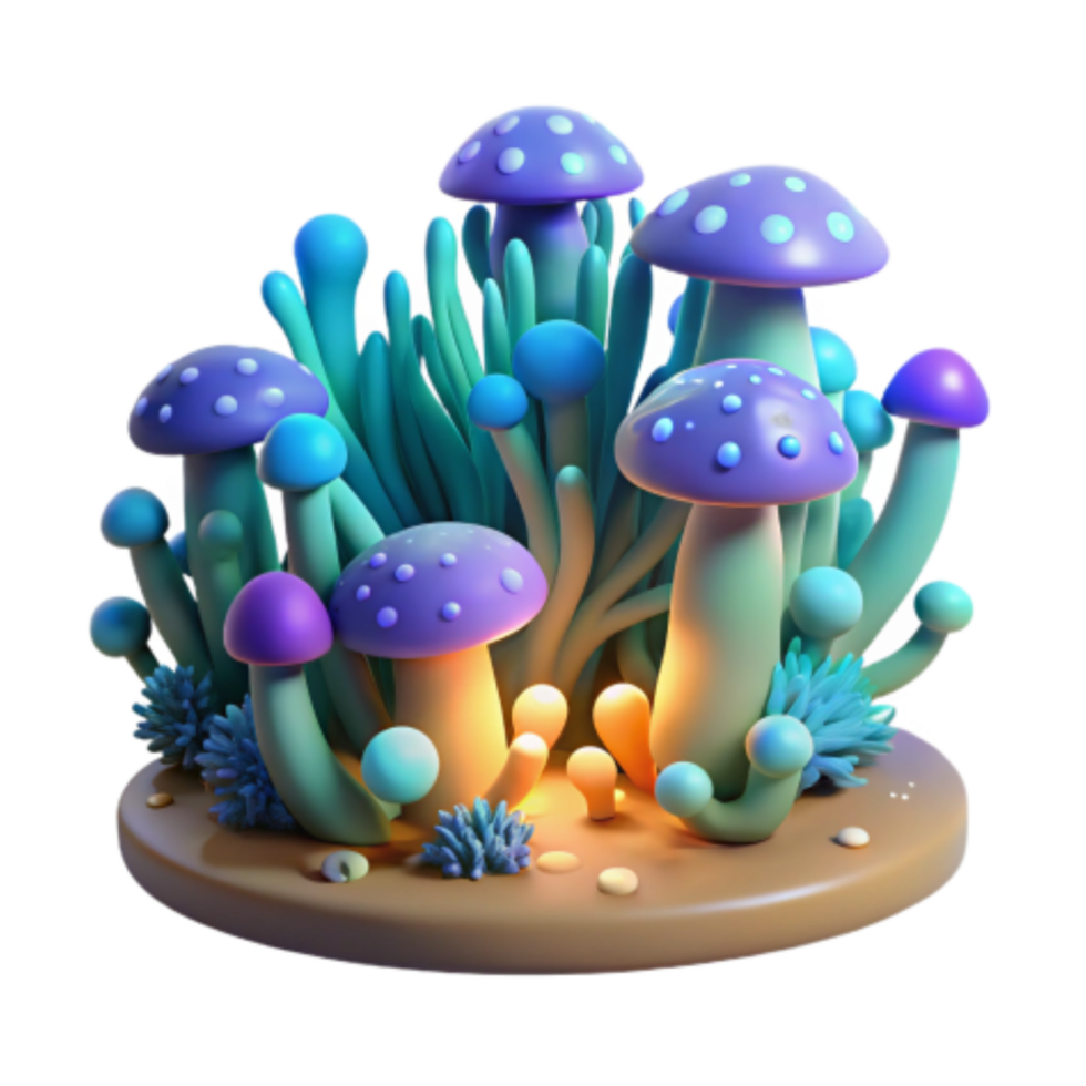 elegant abstract Glowing Fantasy Mushroom Cluster 3D Render high quality png
