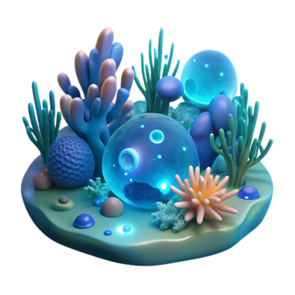 impressive minimalist Enchanted Underwater Scene 3D Render of Bioluminescent Sea Life high quality png