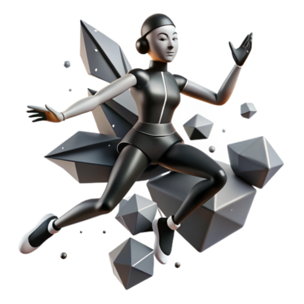 stunning creative 3D Render of a Futuristic Female Figure Leaping Through Geometric Crystals high resolution png