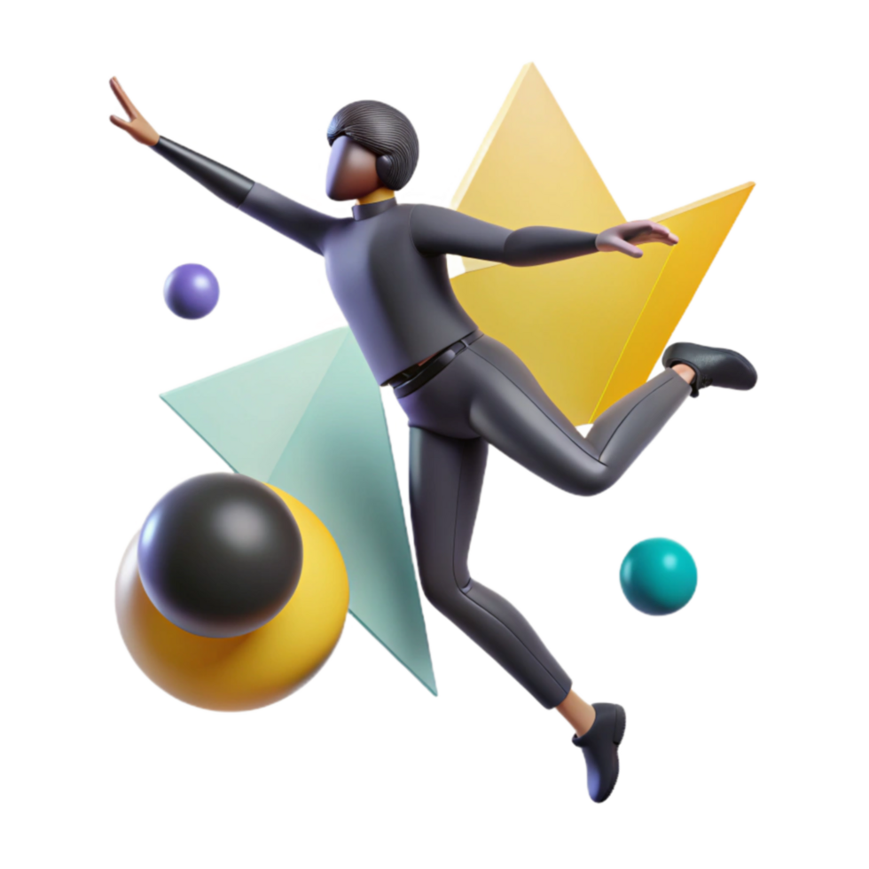 beautiful vintage 3D Character in Dynamic Pose with Geometric Shapes high resolution png