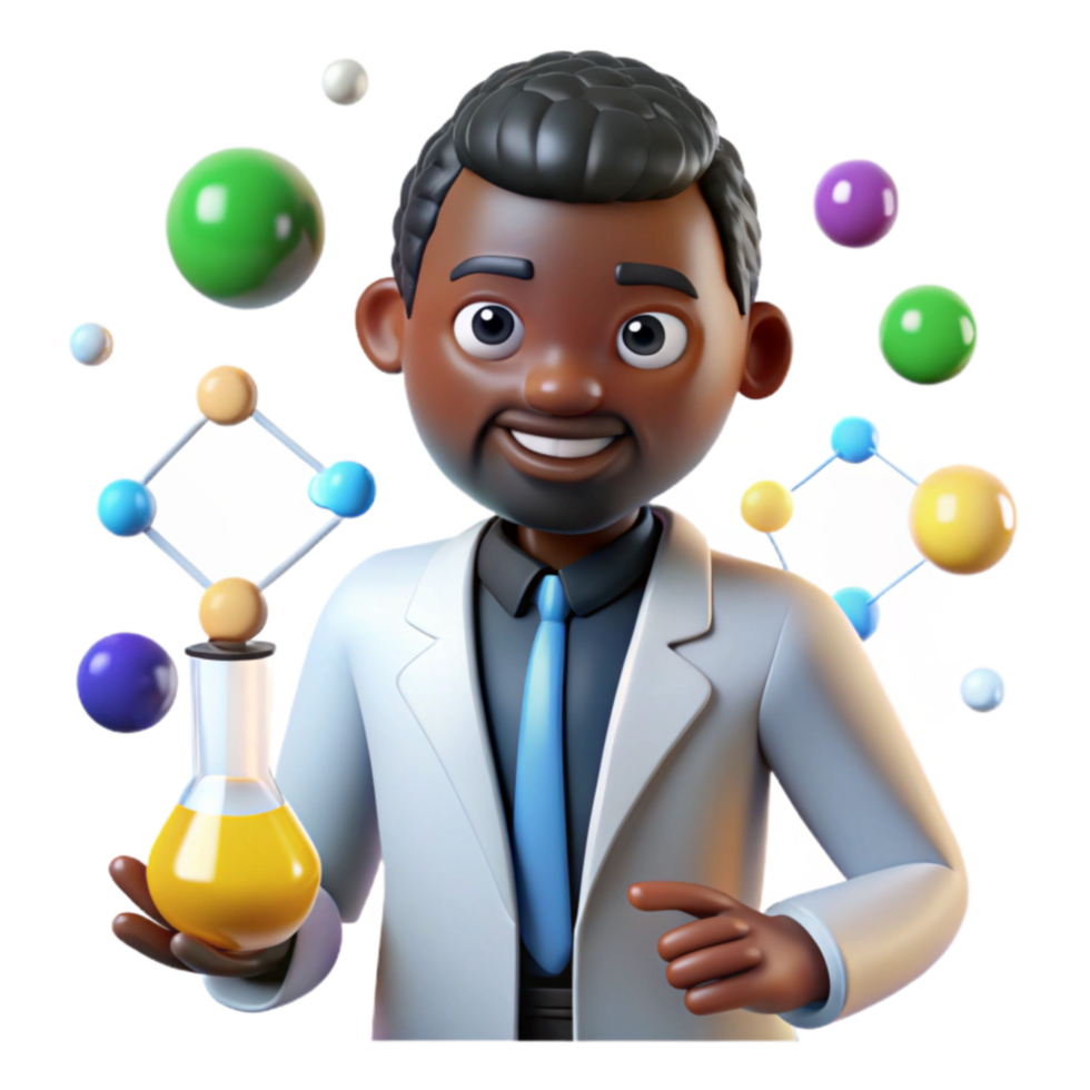 extraordinary artistic Scientist, Molecules, Lab, Research, Chemistry, Experiment, Science, Discovery, Innovation, 3D Model 4K png