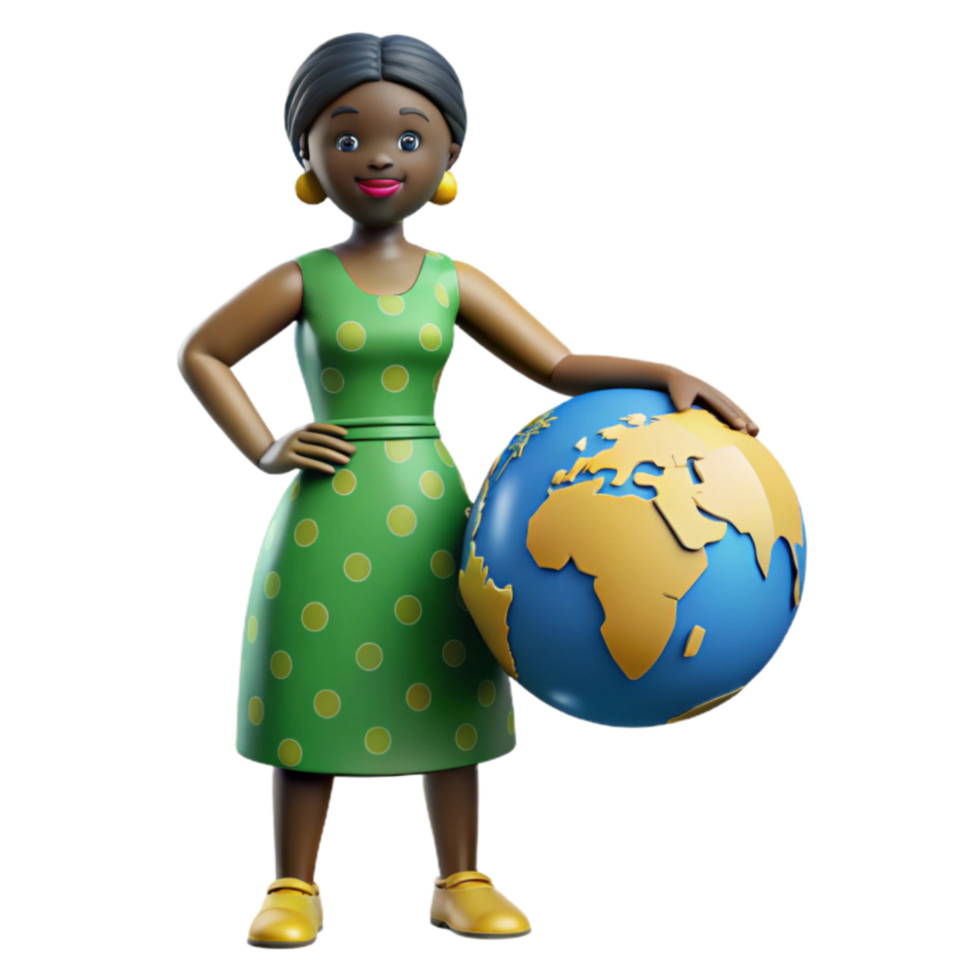 beautiful artistic Global Woman 3D Render of a Person and Planet Earth authentic png