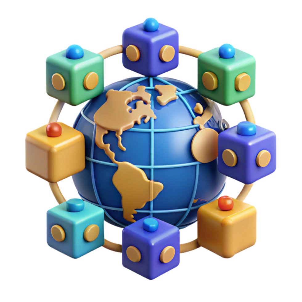 serene artistic Global Network Interconnected Cubes and World professional png