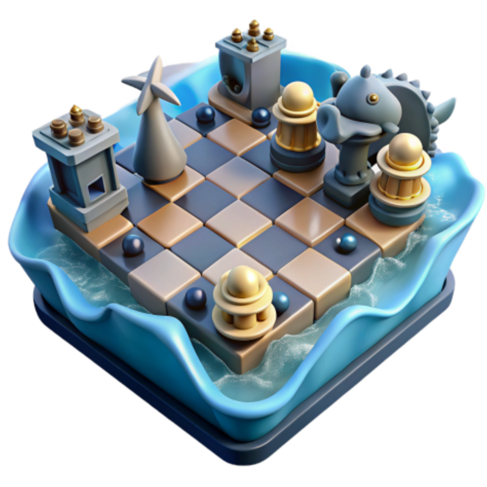 elegant contemporary Aquatic Strategy Game Chess-like Puzzle with Unique Pieces detailed png