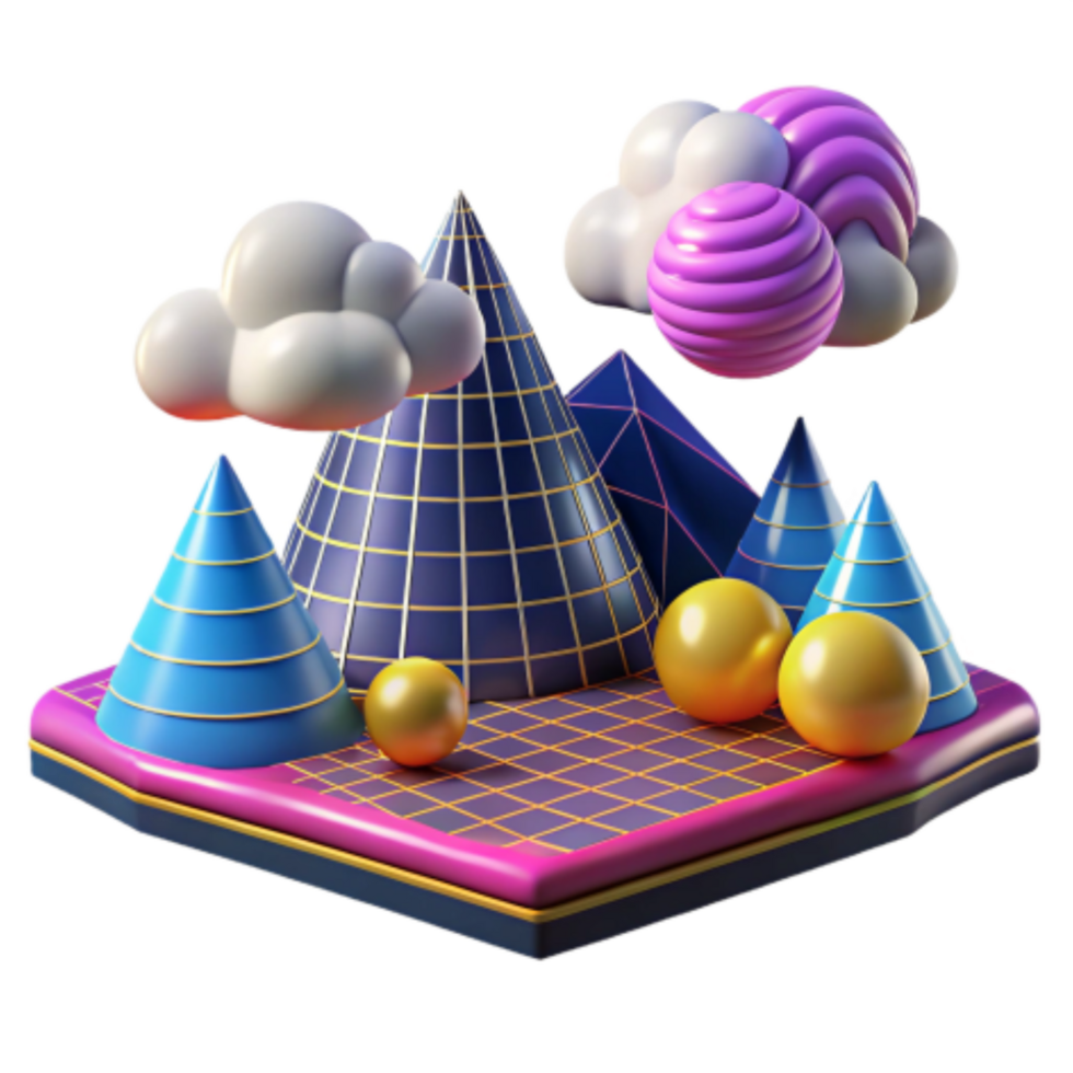 extraordinary classic Abstract 3D Geometric Shapes, Colorful Clouds, Spheres, Cones, and Pyramids professional png