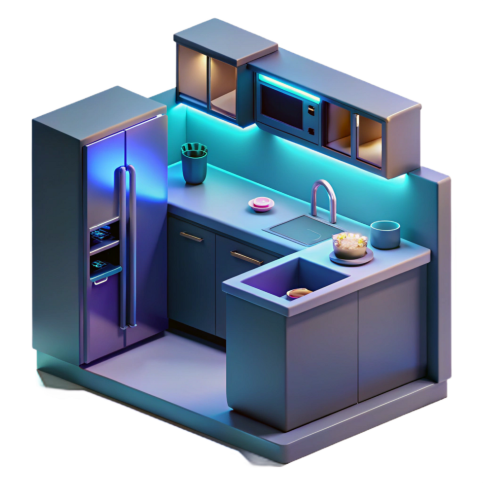 serene abstract Modern Kitchen Design L-Shaped Counter, Neon Lights, and Built-in Appliances exclusive png