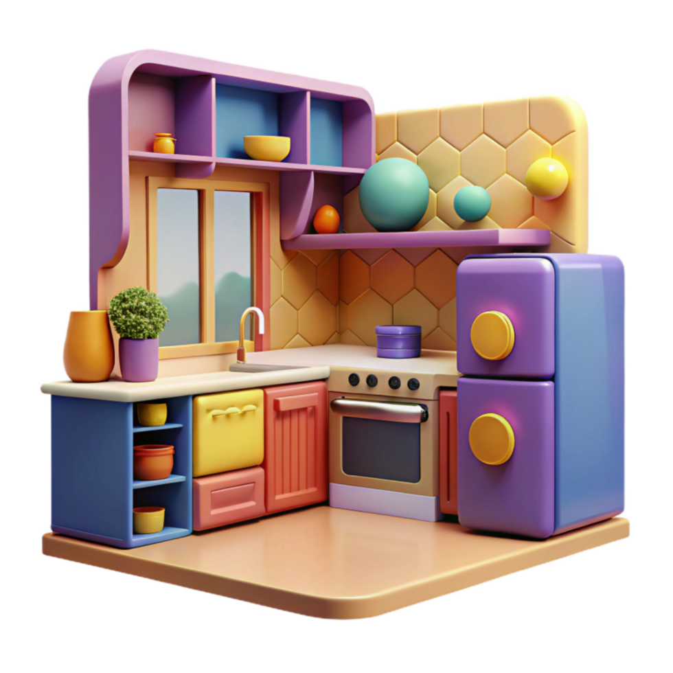 extraordinary contemporary Cartoon Kitchen 3D Render of Colorful Cabinets, Appliances Decor professional png