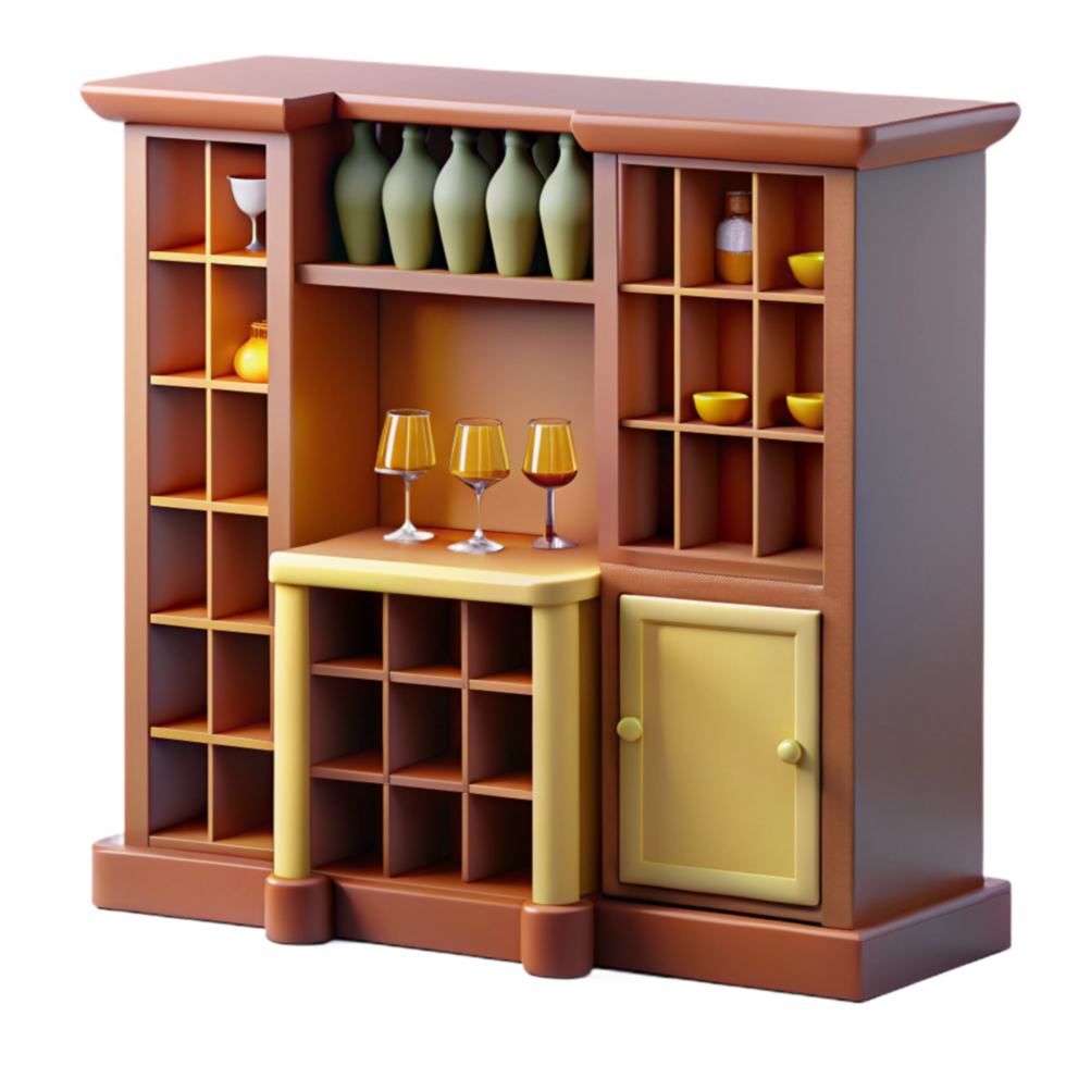 elegant artistic Wooden Wine Rack Cabinet with Shelves Glass Holders professional png