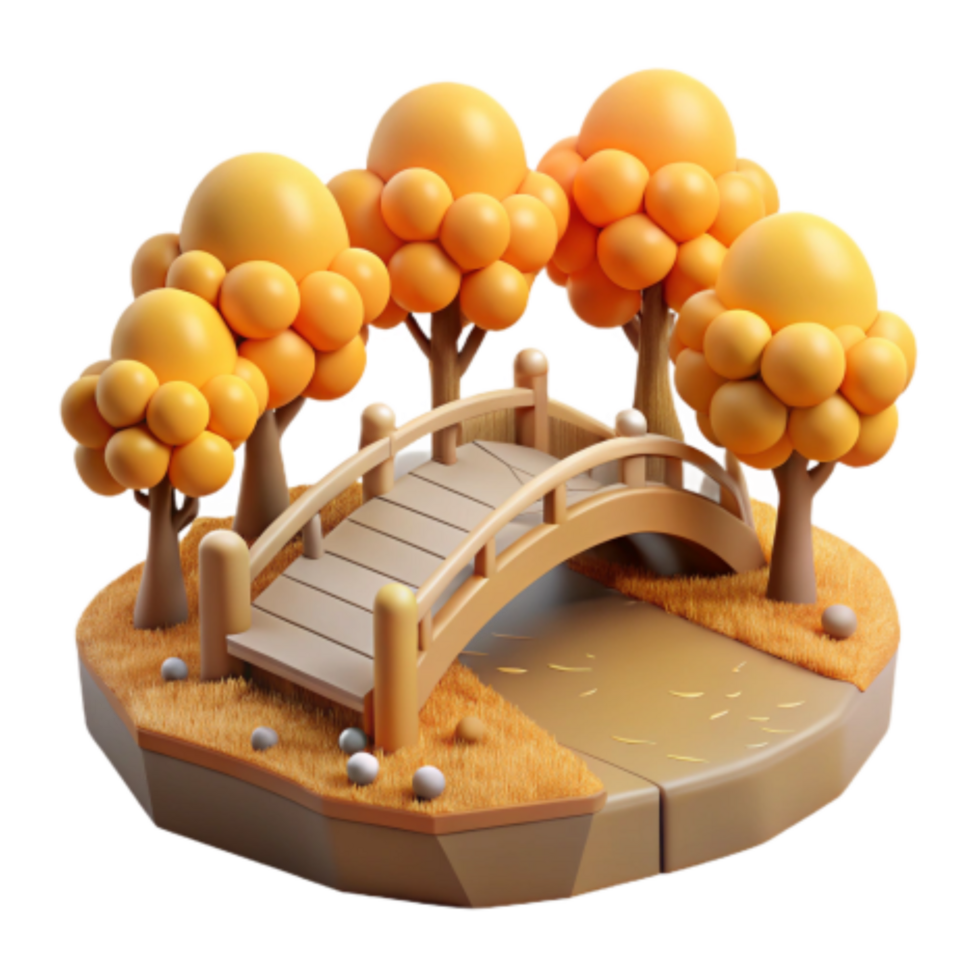 beautiful minimalist Autumnal Bridge Scene 3D Render of a Wooden Bridge in a Park authentic png