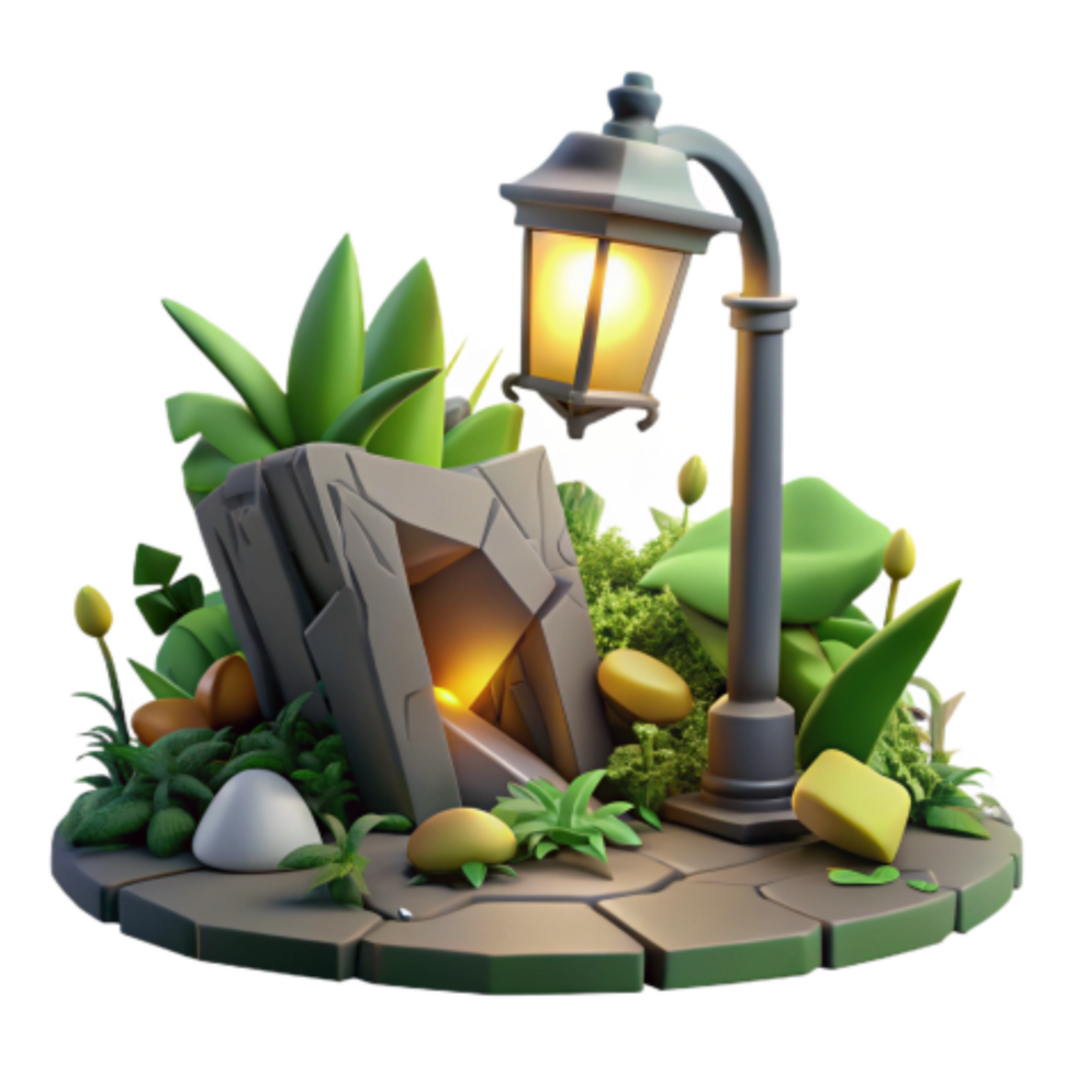 beautiful artistic Enchanted Garden Scene with Glowing Stone and Lamppost professional png