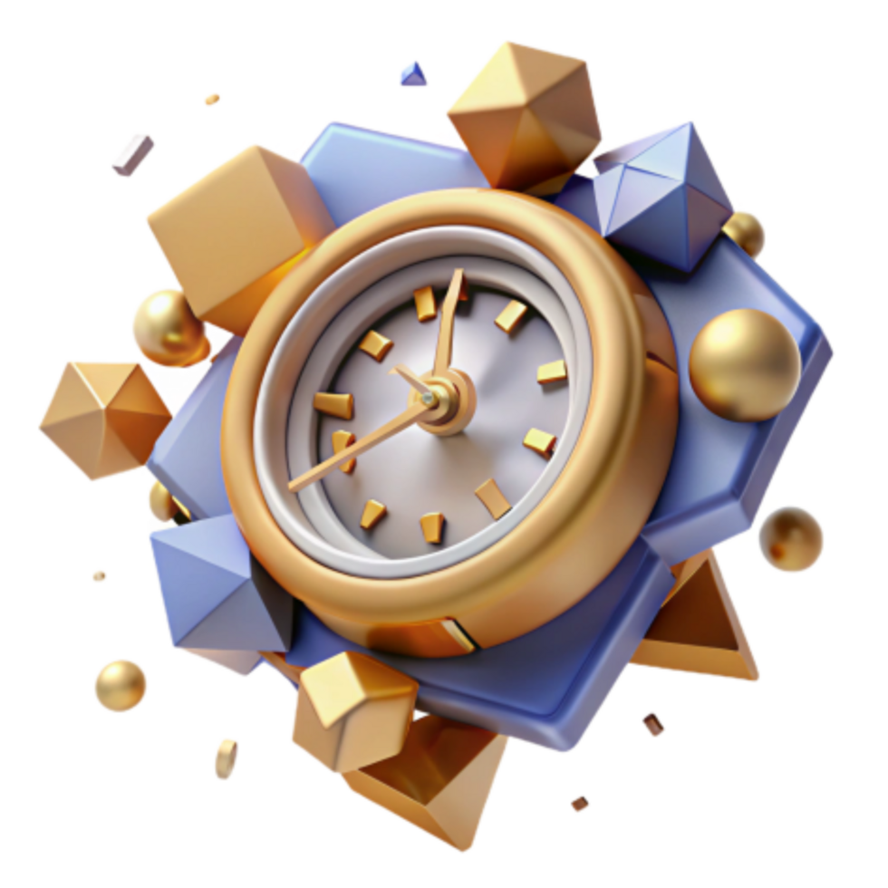 serene classic Abstract Clock Time, Geometry, Gold, Blue, 3D Render authentic png