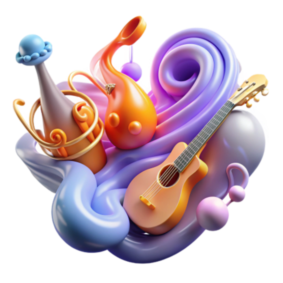 wonderful abstract Guitar, Bottle, and Abstract Swirls 3D Render original png