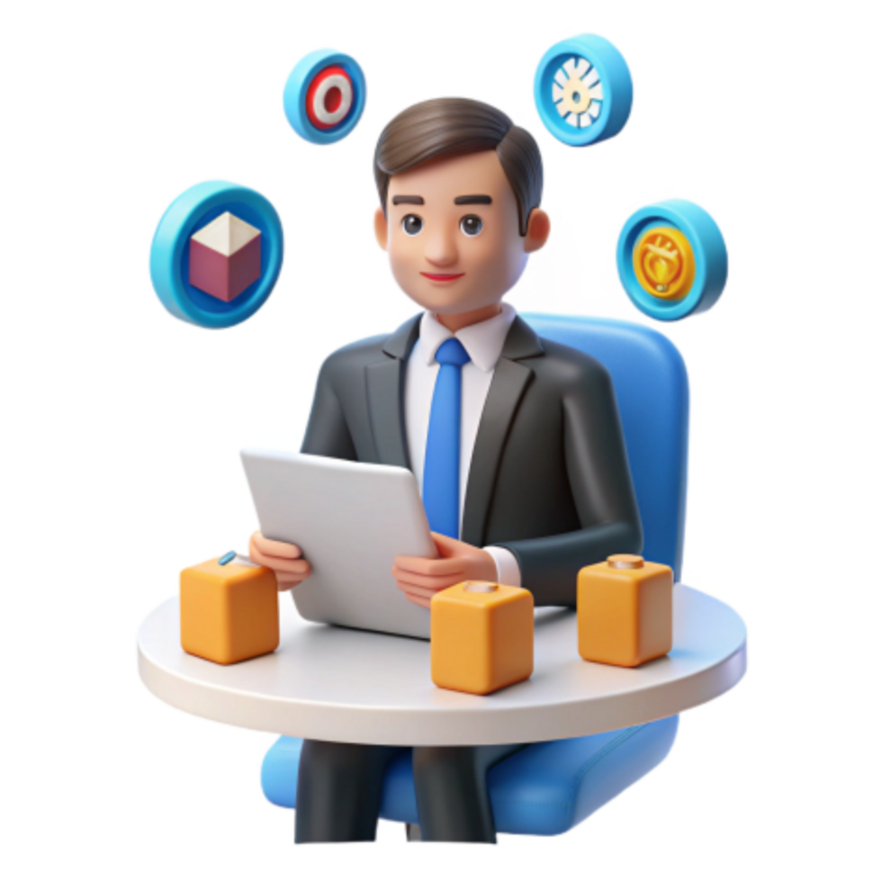 impressive artistic Businessman Reviewing Data Metrics on Tablet premium png