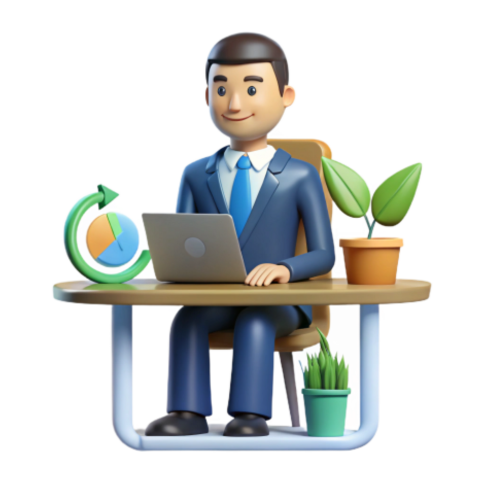 magnificent modern Businessman Working on Laptop with Charts Plants high quality png