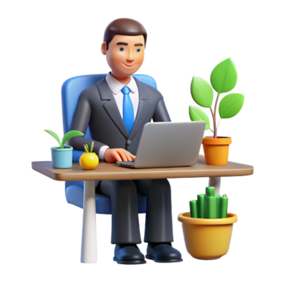 vibrant minimalist Businessman Working at Desk with Laptop and Plants authentic png