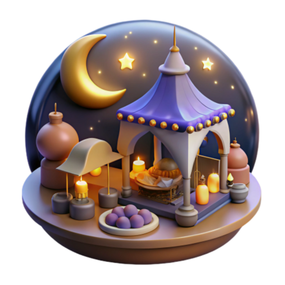 vibrant traditional Night Festive Scene Crescent Moon, Candles, and Sweets high quality png