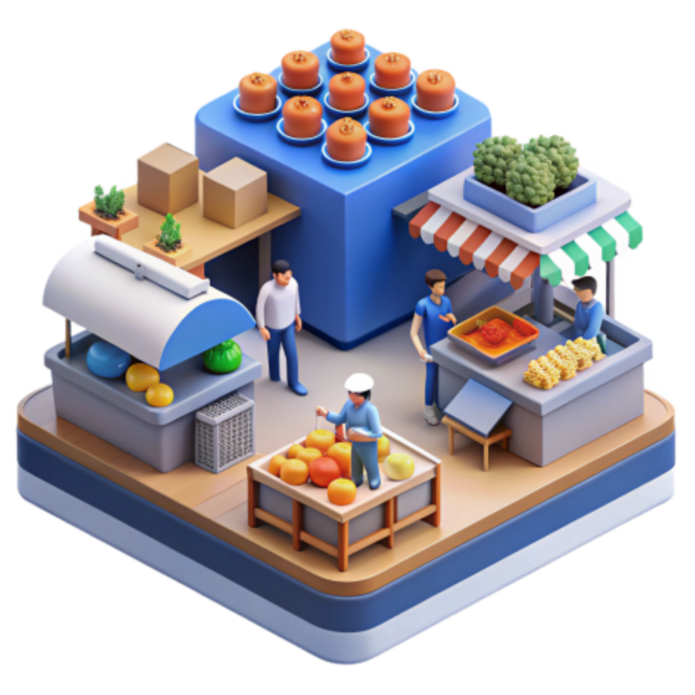 serene artistic Isometric Illustration of a Vibrant Farmers Market original png