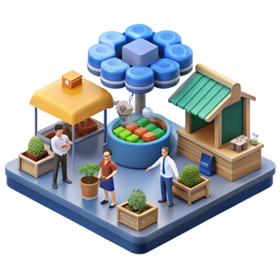 extraordinary creative Isometric Market Shops, Plants, and a Central Feature detailed png