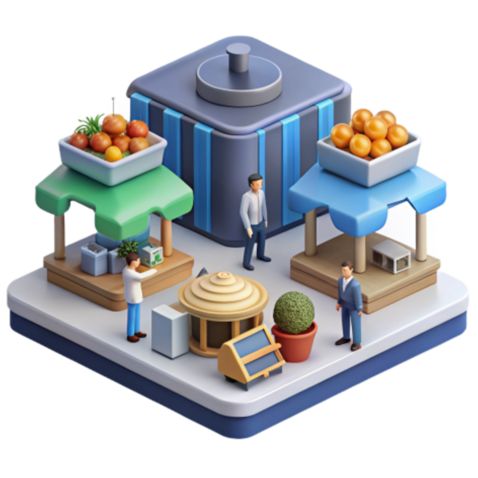 magnificent rustic Market Scene 3D Render of Fruit Stalls and Shoppers premium png
