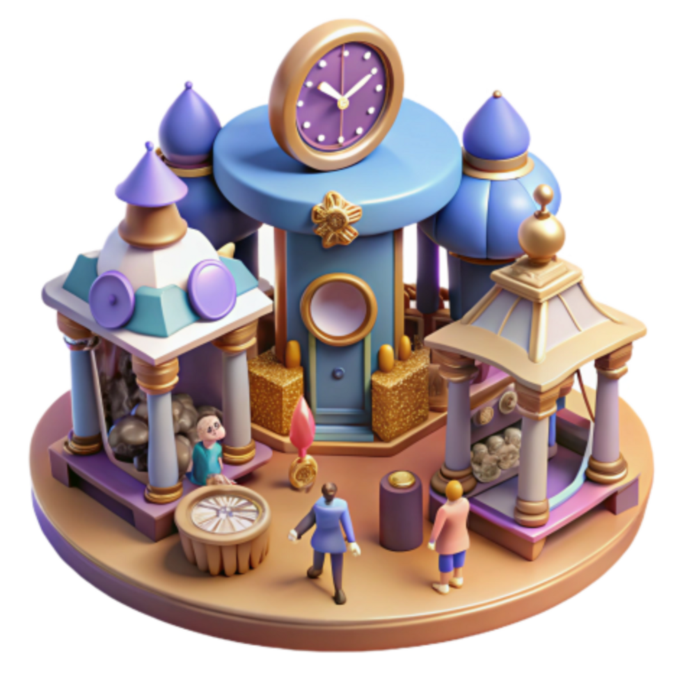 wonderful abstract Whimsical Clock Tower Marketplace 3D Render high resolution png