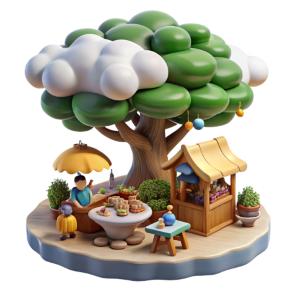 vibrant traditional Whimsical Food Stand Under a Cartoon Tree genuine png