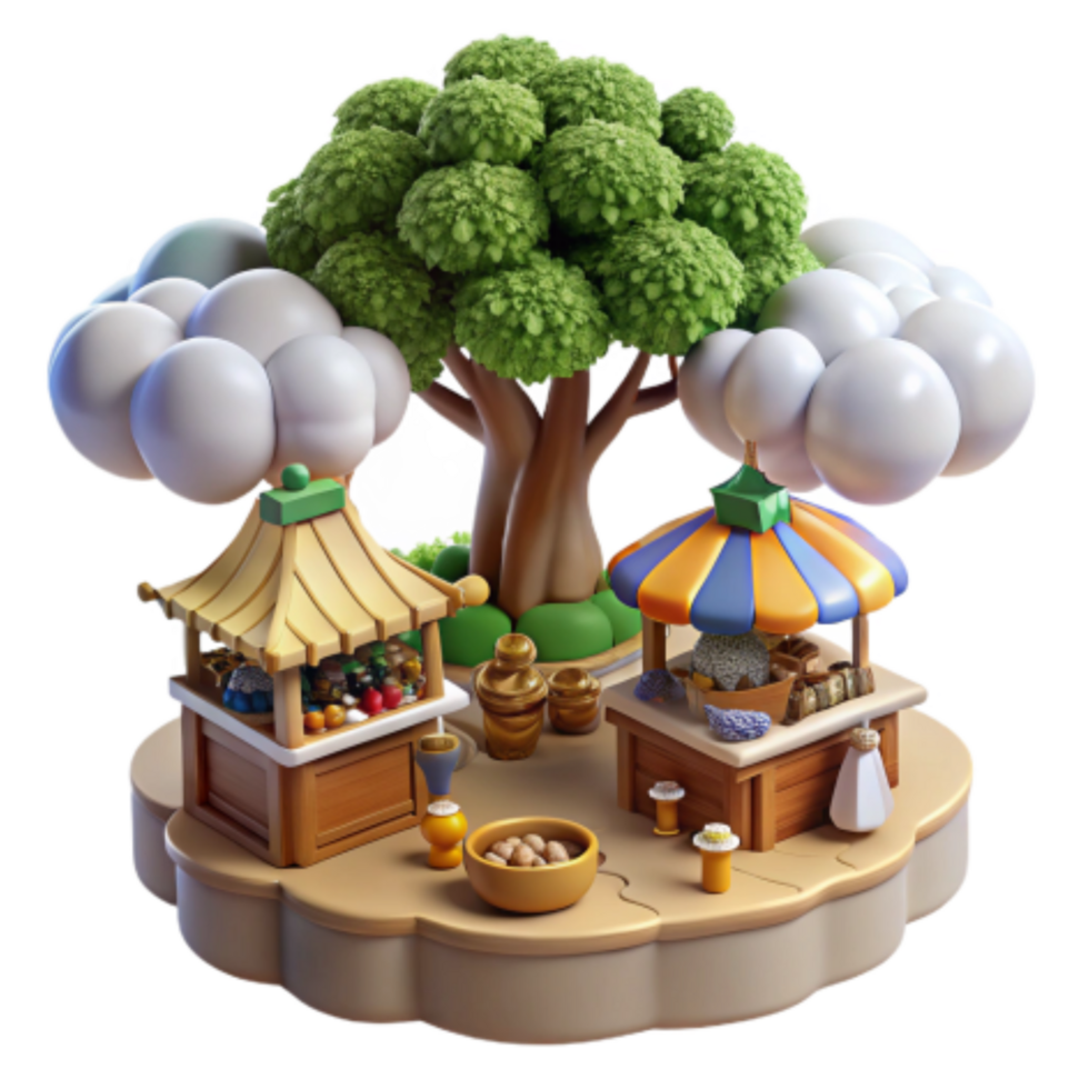 stunning contemporary Whimsical Market Stalls under a Tree high resolution png