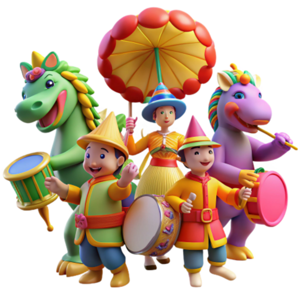 extraordinary rustic Colorful Parade of Festive Characters with Musical Instruments high quality png
