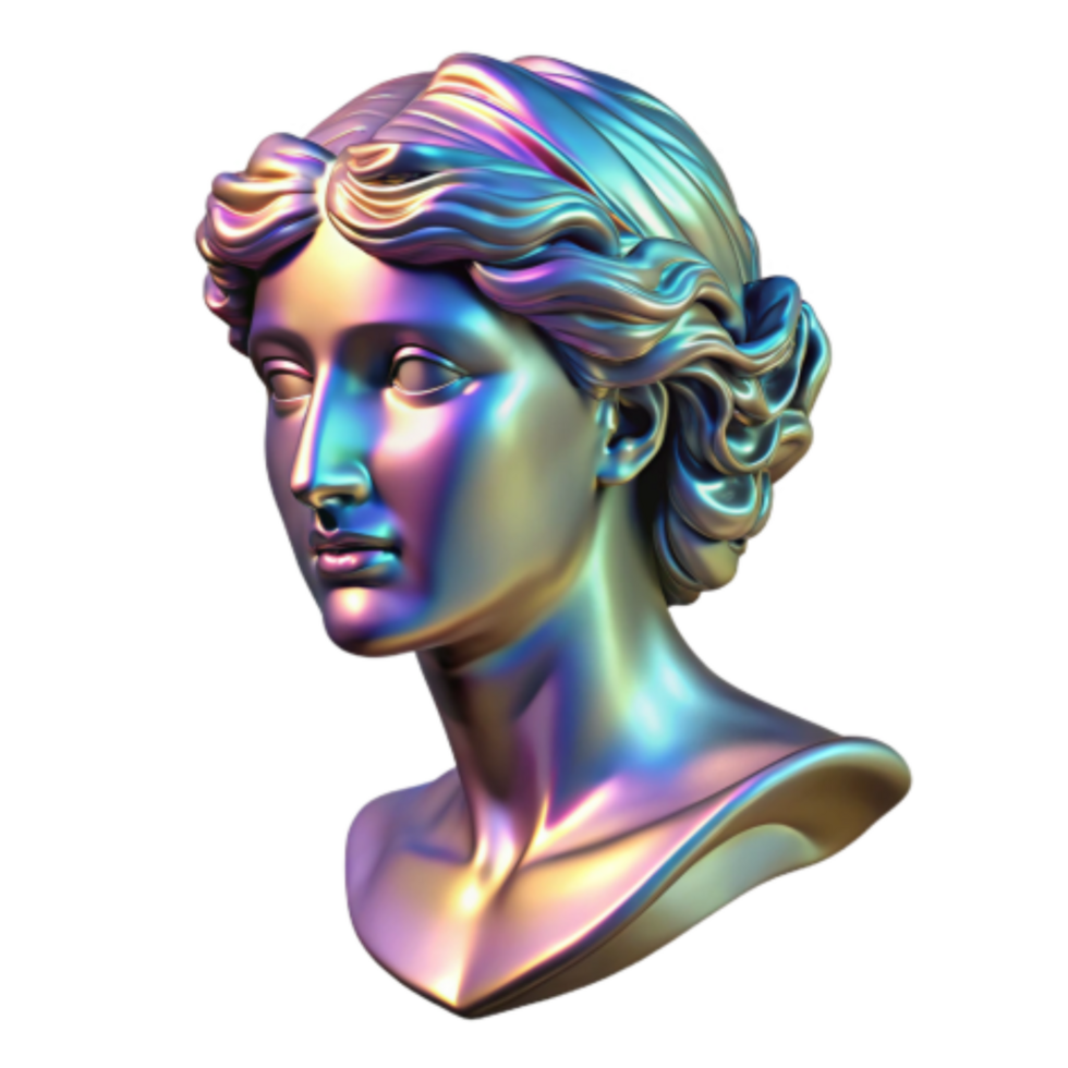 elegant contemporary Iridescent Classical Bust Digital Art, Sculpture, 3D Model, Ancient Greek, Woman, Head, Rainbow, Metallic original png