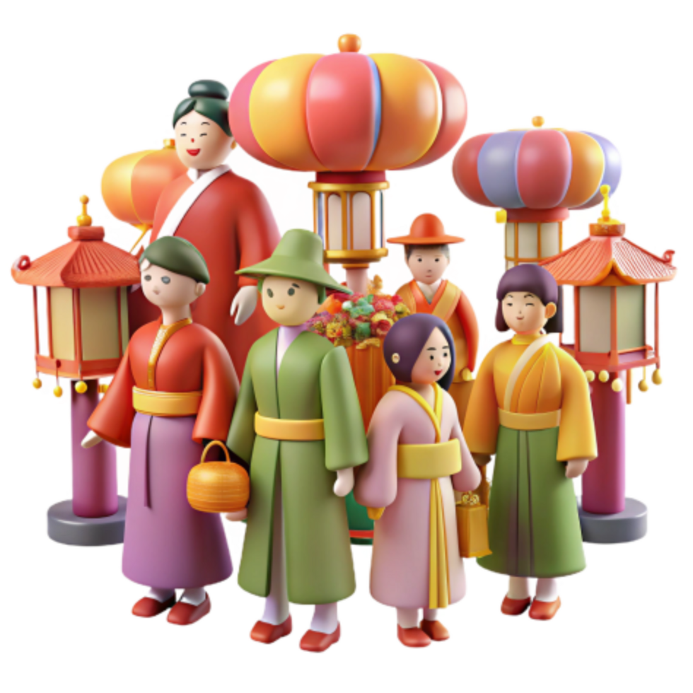 stunning modern Asian Lantern Festival 3D Rendered Characters in Traditional Clothing premium png
