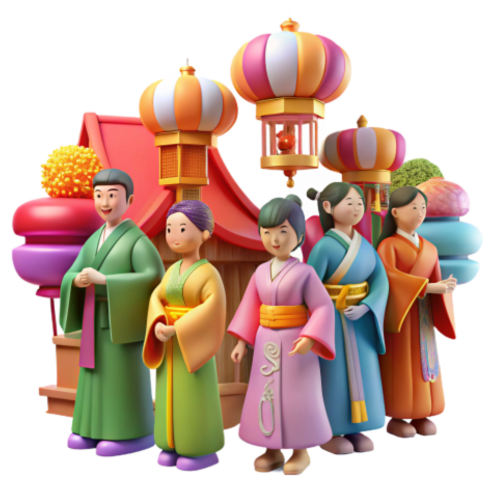 serene traditional Asian Cultural Festival 3D Render of Traditional Attire and Festive Lanterns premium png